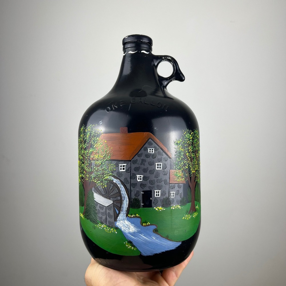 Unbranded Glass Jug Hand Painted Water Mill 1 Gallon Black Glass Good Decor